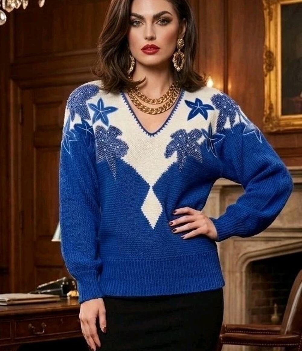 VTG 80s Royal Blue Cream Beaded Pearl Dynasty Glam VNeck Statement Sweater Small